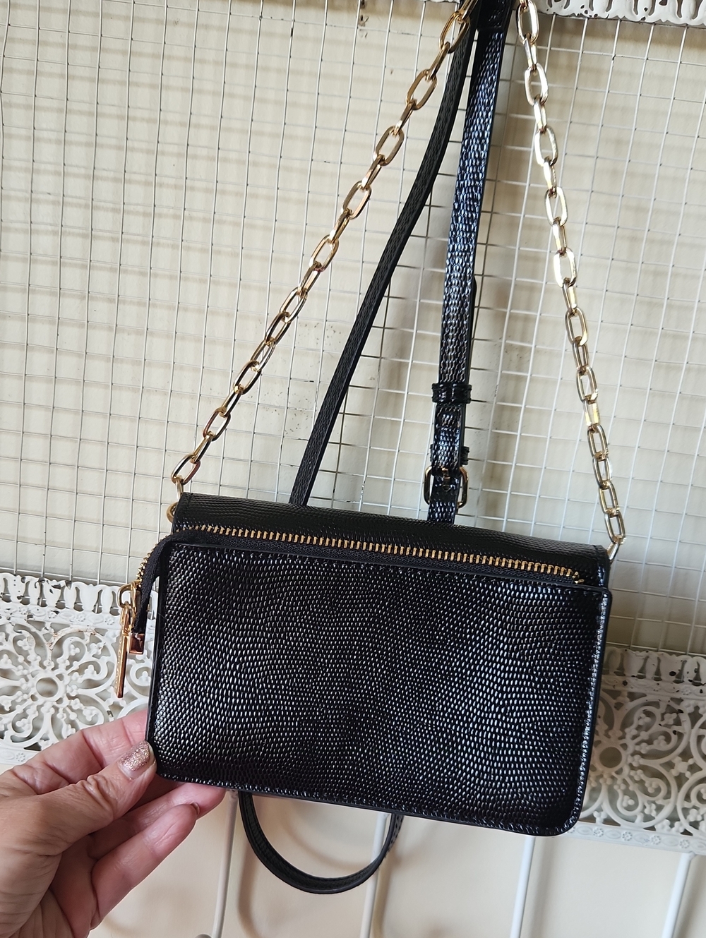Anne Klein Faux Snakeskin Black Gold Small Chain Crossbody Bag - Picture 7 of 13